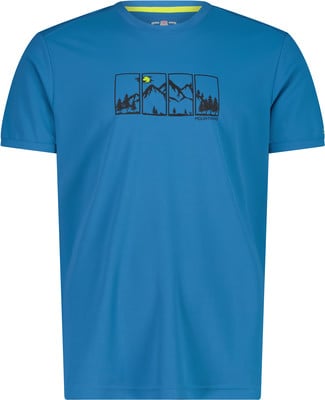 Blaues T-Shirt mit Berg- und Baumprint im Rahmen. Blaues T-Shirt mit Berg- und Baumprint im Rahmen.