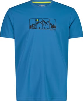 Blaues T-Shirt mit Berg- und Baumprint im Rahmen.
