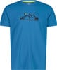 Blaues T-Shirt mit Berg- und Baumprint im Rahmen.