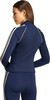 Dunkelblaue Damenjacke mit Streifen an den Ärmeln und Leggings.