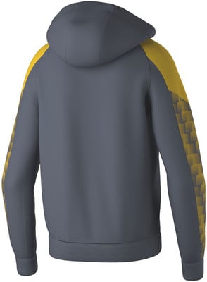 Grauer Kapuzenpullover mit gelben Ärmeln und Karomuster. Grauer Kapuzenpullover mit gelben Ärmeln und Karomuster.