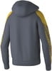 Grauer Kapuzenpullover mit gelben Ärmeln und Karomuster.