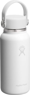 Weiße Hydro Flask Flasche mit Griff und grauem Logo. Weiße Hydro Flask Flasche mit Griff und grauem Logo.