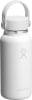 Weiße Hydro Flask Flasche mit Griff und grauem Logo.