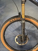 Vorderrad eines Mountainbikes mit Scheibenbremse und goldener Gabel.