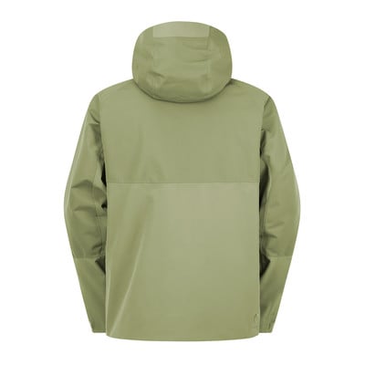 Rückansicht einer grünen Herrenjacke mit Kapuze und Einsätzen. Rückansicht einer grünen Herrenjacke mit Kapuze und Einsätzen.