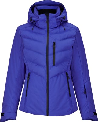 Blaue Daunenjacke mit Kapuze und schwarzen Reißverschlüssen, geeignet für Wintersport. Blaue Daunenjacke mit Kapuze und schwarzen Reißverschlüssen, geeignet für Wintersport.