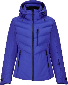 Blaue Daunenjacke mit Kapuze und schwarzen Reißverschlüssen, geeignet für Wintersport.