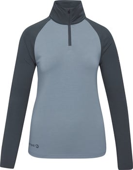 Damen-Langarmshirt in Dunkelblau mit halbem Reißverschluss und grauen Ärmeln.