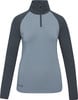Damen-Langarmshirt in Dunkelblau mit halbem Reißverschluss und grauen Ärmeln.