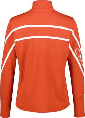 Orange Jacke mit weißen Streifen an den Ärmeln und Logo
