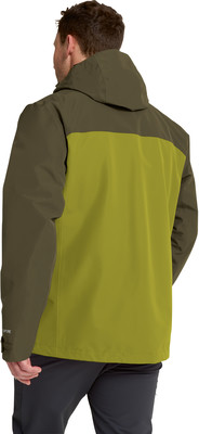 Mann von hinten in khaki Kapuzenjacke mit limettengrünem Panel. Mann von hinten in khaki Kapuzenjacke mit limettengrünem Panel.