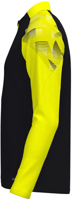 Schwarze Jacke mit gelbem Ärmel und geometrischem Muster auf der Schulter. Schwarze Jacke mit gelbem Ärmel und geometrischem Muster auf der Schulter.