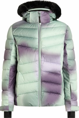 Grüne Daunenjacke mit violettem Farbverlauf und schwarzem Kunstpelzbesatz.