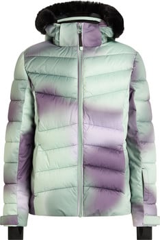 Grüne Daunenjacke mit violettem Farbverlauf und schwarzem Kunstpelzbesatz.