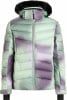 Grüne Daunenjacke mit violettem Farbverlauf und schwarzem Kunstpelzbesatz.