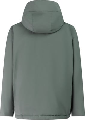 Rückansicht einer grünen Kapuzenjacke mit Nähten. Rückansicht einer grünen Kapuzenjacke mit Nähten.