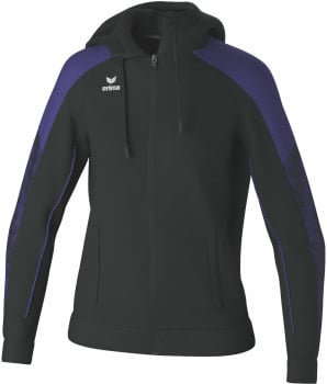 Schwarze Kapuzenjacke mit violetten Details an Ärmeln und Schultern.