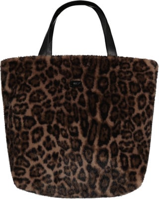 Braune Kunstpelz-Tasche mit Leopardenmuster und schwarzen Henkeln. Braune Kunstpelz-Tasche mit Leopardenmuster und schwarzen Henkeln.