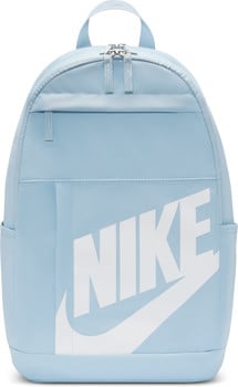 Hellblauer Nike-Rucksack mit großem weißem Logo und Fronttasche.