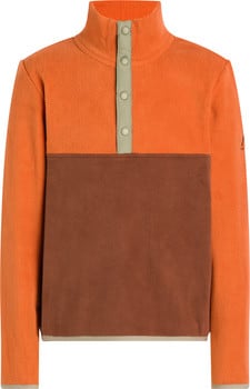 Orangefarbener Fleece-Pullover mit braunem Einsatz und Druckknöpfen.
