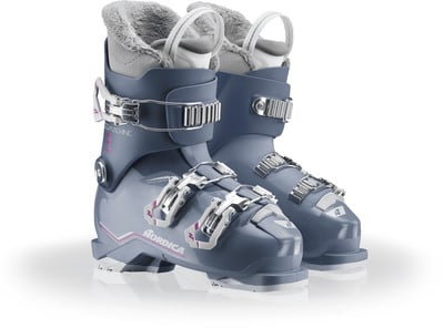 Damen-Skischuhe von Nordica in Grau mit rosa Details und Metallschnallen. Damen-Skischuhe von Nordica in Grau mit rosa Details und Metallschnallen.