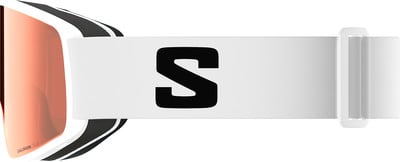 Skibrille mit breitem weißem Band und schwarzem S-Logo. Skibrille mit breitem weißem Band und schwarzem S-Logo.