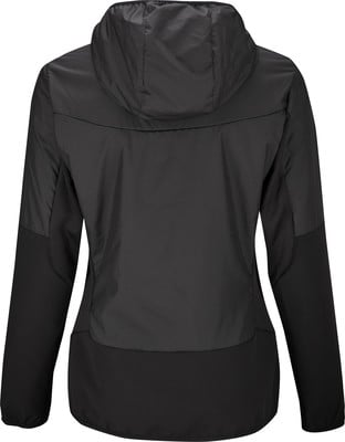 Rückansicht einer schwarzen Kapuzenjacke mit kontrastierenden Einsätzen. Rückansicht einer schwarzen Kapuzenjacke mit kontrastierenden Einsätzen.