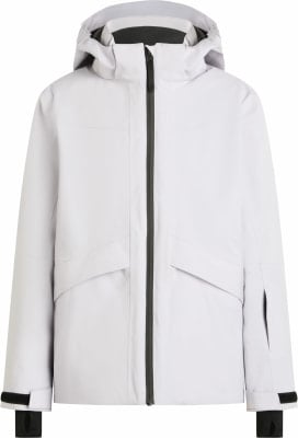 Weiße Herren-Skijacke mit Kapuze und schwarzem Reißverschluss. Weiße Herren-Skijacke mit Kapuze und schwarzem Reißverschluss.