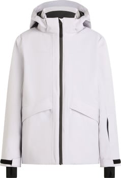 Weiße Herren-Skijacke mit Kapuze und schwarzem Reißverschluss.