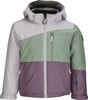 Graue, grüne und lila Winterjacke mit Kapuze und Farbblockierung.