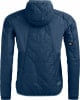 Rückansicht einer dunkelblauen Steppjacke mit Kapuze und Logo.