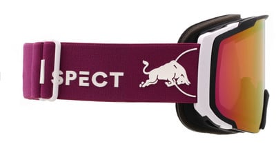Skibrille mit violettem Band und Stier-Logo. Skibrille mit violettem Band und Stier-Logo.