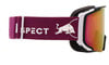 Skibrille mit violettem Band und Stier-Logo.