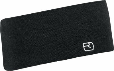 Ein schwarzes Stirnband mit weißem Markenlogo aus warmem Material. Ein schwarzes Stirnband mit weißem Markenlogo aus warmem Material.