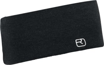 Ein schwarzes Stirnband mit weißem Markenlogo aus warmem Material.