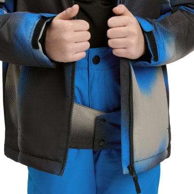 Kinder-Winterjacke mit blau-schwarzem Muster, Reißverschluss. Kinder-Winterjacke mit blau-schwarzem Muster, Reißverschluss.