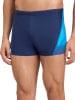 Herren-Badehose in Dunkelblau mit blauem geometrischem Muster an der Seite.