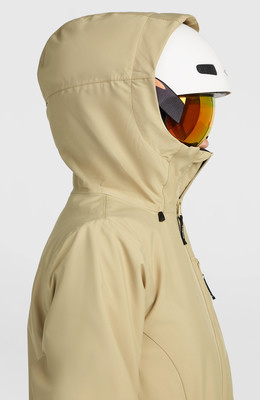 Beige Kapuzenjacke mit Skibrille und weißem Helm Beige Kapuzenjacke mit Skibrille und weißem Helm