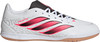 Fehér Adidas Predator focicipő rózsaszín csíkokkal és gumitalppal.