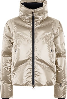 Goldene glänzende Daunenjacke mit hohem Kragen und schwarzem Reißverschluss.