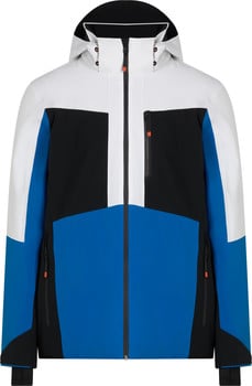 Die Jacke hat ein Colorblocking-Design in Weiß, Schwarz und Blau.