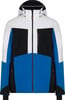 Die Jacke hat ein Colorblocking-Design in Weiß, Schwarz und Blau.