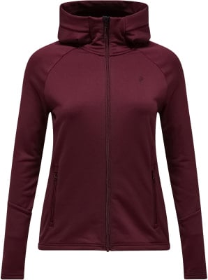Damen-Weinrote Kapuzenjacke mit hohem Kragen und Reißverschluss.