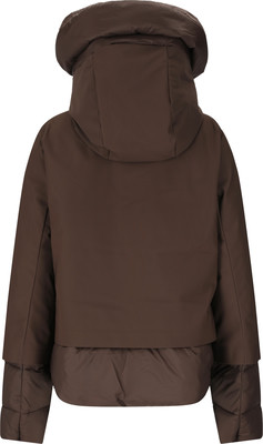 Rückansicht einer braunen Daunenjacke mit Kapuze und gesteppten Ärmeln. Rückansicht einer braunen Daunenjacke mit Kapuze und gesteppten Ärmeln.