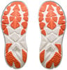 Laufschuhsohlen mit orange-weißen Elementen und Hoka-Logo.