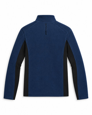 Blaue Spyder-Fleecejacke mit schwarzen Seitenpaneelen und Logo auf dem Rücken. Blaue Spyder-Fleecejacke mit schwarzen Seitenpaneelen und Logo auf dem Rücken.
