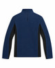 Blaue Spyder-Fleecejacke mit schwarzen Seitenpaneelen und Logo auf dem Rücken.