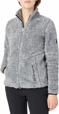 Graue Fleecejacke für Damen mit Reißverschluss und hohem Kragen. Graue Fleecejacke für Damen mit Reißverschluss und hohem Kragen.