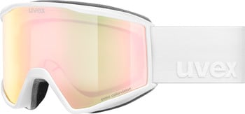 Uvex Skibrille mit farbig verspiegelter Scheibe und weißem Band.